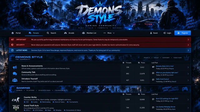Demon-Style community forum showing discussion boards and latest topics.