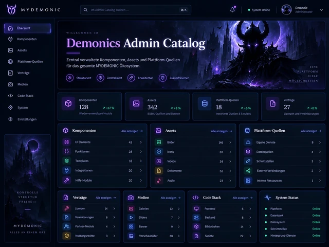 Demonics Admin Catalog dashboard showing tools, catalog categories and status cards.