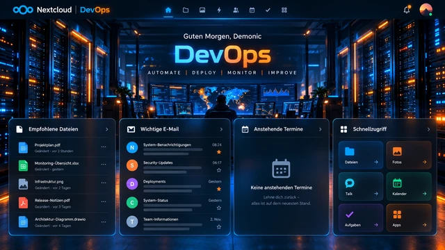 Demonics DevOps dashboard with service tiles and a server-room background.