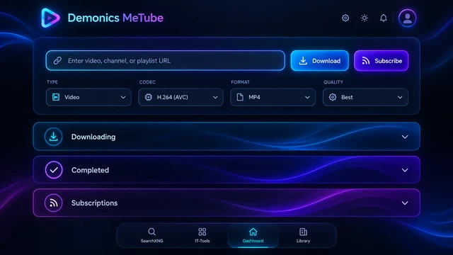 Demonics MeTube interface with URL input, download options and status sections.