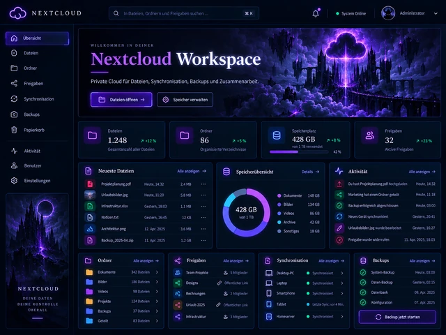 Nextcloud Workspace dashboard with navigation, file listings and resource widgets.