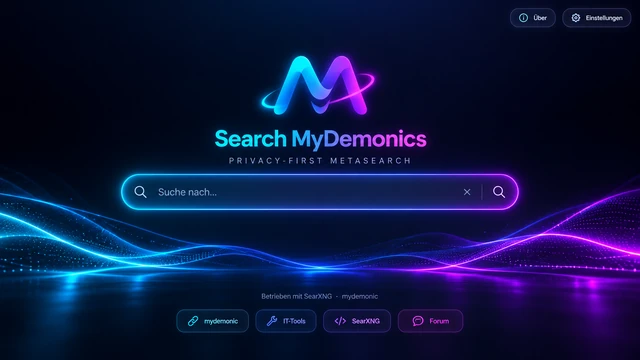 Search MyDemonics homepage with a neon search field on a dark background.